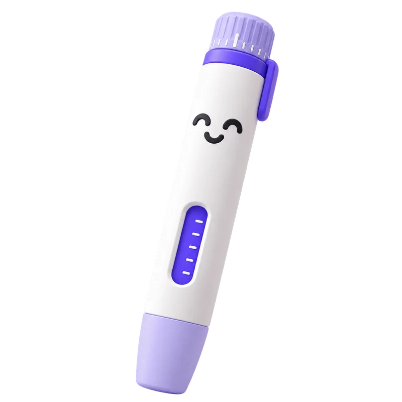 La mascota PenShot, una pluma sonriente con tapa lavanda y detalles violeta